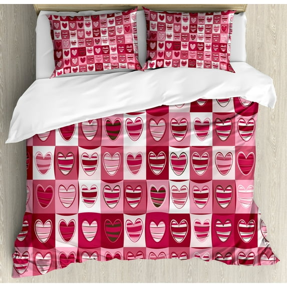 Love Duvet Cover Set, Hearts for Valentine Checked Pattern Square Geometric Vintage, Decorative 3 Piece Bedding Set with 2 Pillow Shams, Calking Size, Dried Rose White, by Ambesonne