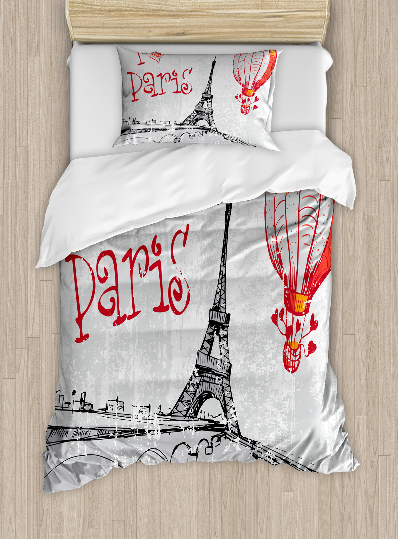 Love Duvet Cover Set, I Love Paris Romance Hot Air Balloon with Hearts