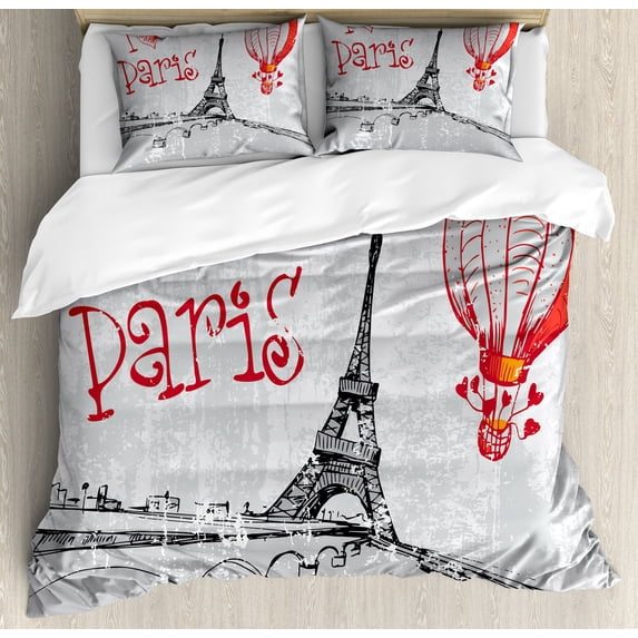 Love Duvet Cover Set, I Love Paris Romance Hot Air Balloon with Hearts Doodle Style Print Image, Decorative 3 Piece Bedding Set with 2 Pillow Shams, Queen Size, Red Black Grey, by Ambesonne
