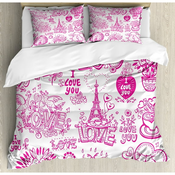 Love Duvet Cover Set, I Love You Valenties Design Hugging Touching Singing Hearts Coffee Expressing Affection, Decorative 3 Piece Bedding Set with 2 Pillow Shams, King Size, Pink, by Ambesonne