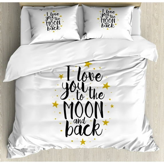Love Duvet Cover Set King Size, I Love You To The Moon and Back Doodle Stars Hand Writing Inspirational, Decorative 3 Piece Bedding Set with 2 Pillow Shams, Earth Yellow Black White, by Ambesonne