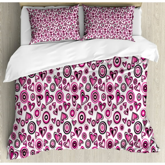 Love Duvet Cover Set King Size, Stylized Pink Hearts and Circles Doodle Style Cute Romantic Floral Artful Design, Decorative 3 Piece Bedding Set with 2 Pillow Shams, Pink Black White, by Ambesonne
