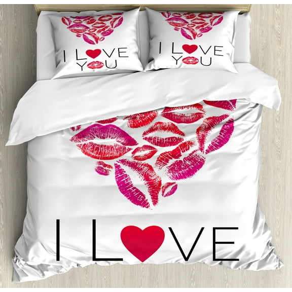 Love Duvet Cover Set, Kisses Lipsticks Valentines Day Affection Pattern on Plain Backdrop, Decorative 3 Piece Bedding Set with 2 Pillow Shams, King Size, White Magenta, by Ambesonne