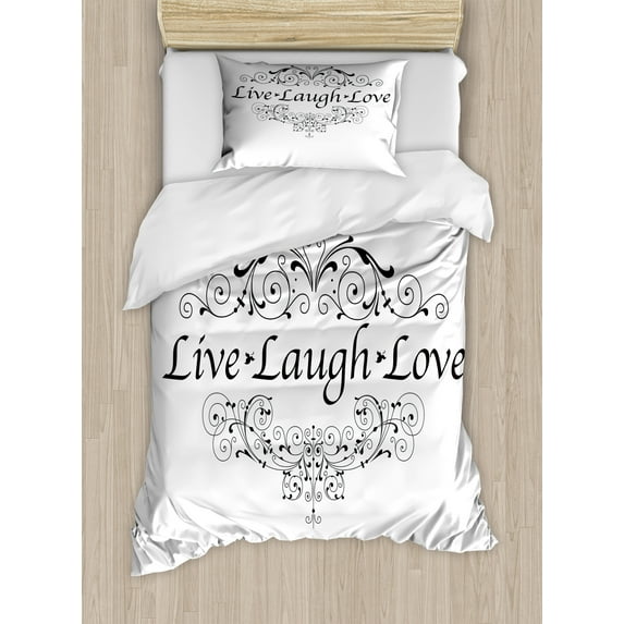 Love Duvet Cover Set, Live Laugh Love Curlicue Swirls Ornaments Illustration Print on Plain Backdrop, Decorative 2 Piece Bedding Set with 1 Pillow Shams, Twin Size, White Dark Grey, by Ambesonne