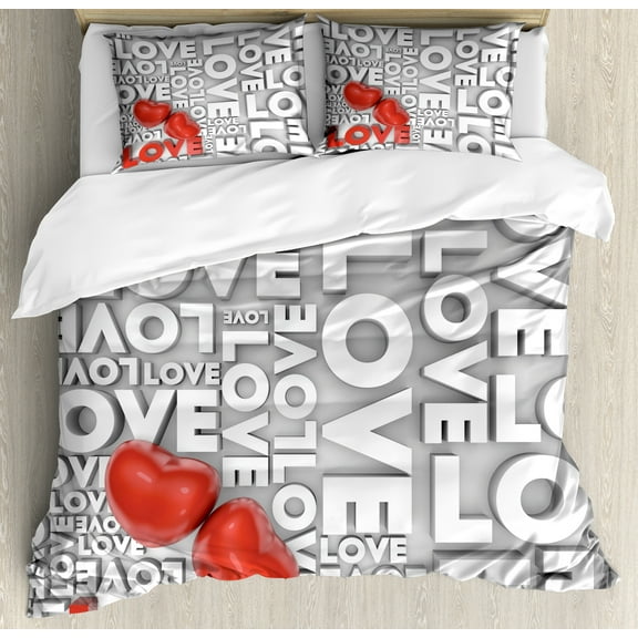 Love Duvet Cover Set, Macro Big Texts Lettering Setting Passionate Emotions Feelings Sweetheart Design, Decorative 3 Piece Bedding Set with 2 Pillow Shams, King Size, Grey Red White, by Ambesonne