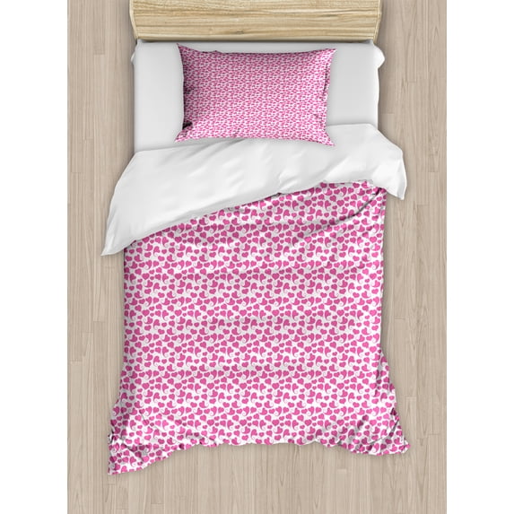 Love Duvet Cover Set, Pinkish Monochrome Pattern with Swirling Tailed Hearts Romantic Concept, Decorative 2 Piece Bedding Set with 1 Pillow Shams, Twin Size, Pink and White, by Ambesonne