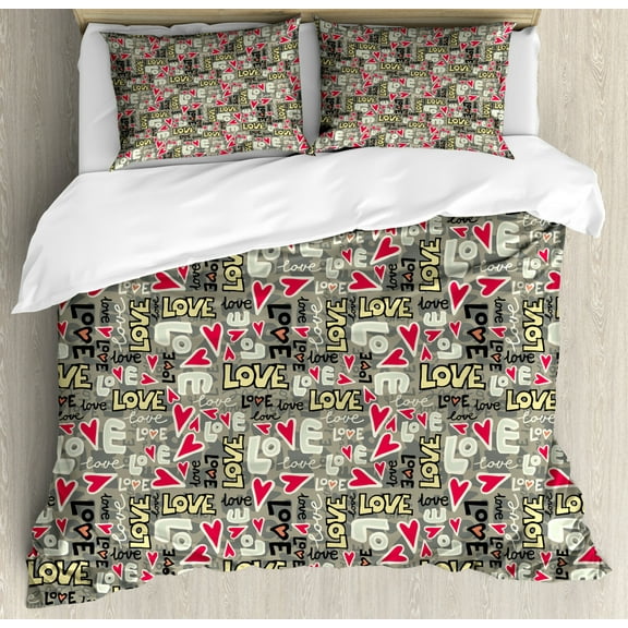 Love Duvet Cover Set Queen Size, Retro Colors Graffiti Style Texts Design Hearts Grunge Display Street Art Inspired, Decorative 3 Piece Bedding Set with 2 Pillow Shams, Multicolor, by Ambesonne
