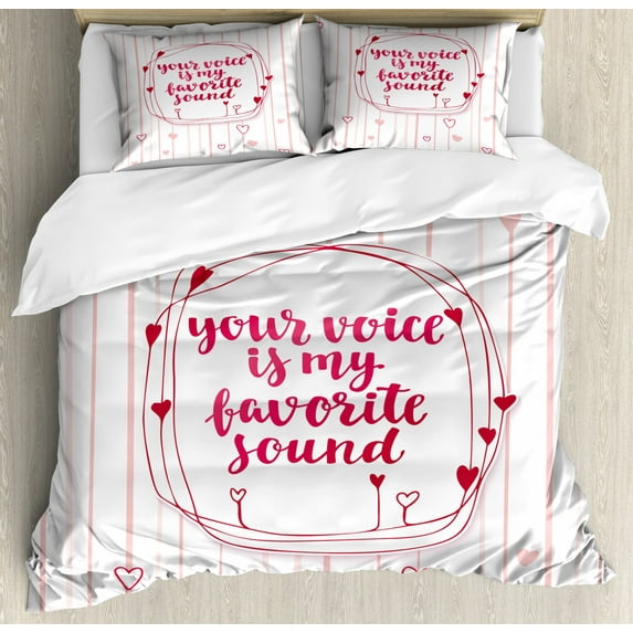 Love Duvet Cover Set Queen Size, Valentines Day Quote with Hearts Frame on Vertical Lines Romantic Cute Calligraphy, Decorative 3 Piece Bedding Set with 2 Pillow Shams, Pink Red Blush, by Ambesonne