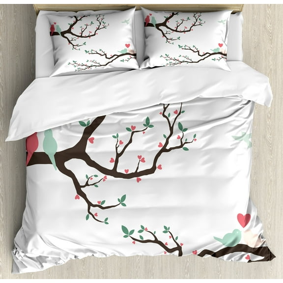 Love Duvet Cover Set, Retro Birds on the Tree Branch Serenade Nostalgic Partners Ceremony Love Romance, Decorative 3 Piece Bedding Set with 2 Pillow Shams, Queen Size, Green Pink Brown, by Ambesonne