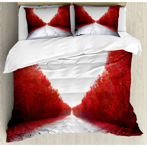 Love Duvet Cover Set, Road to Love Tunnel Autumn Trees Foliage Forest Landscape Scenery Rural Nature Art, Decorative 3 Piece Bedding Set with 2 Pillow Shams, Calking Size, Red White, by Ambesonne