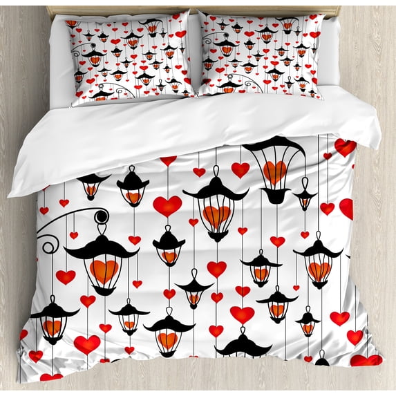 Love Duvet Cover Set, Romance for Valentine's Day Hearts in Lamp Classic Antique Themed Pattern, Decorative 3 Piece Bedding Set with 2 Pillow Shams, Queen Size, Vermilion and Scarlet, by Ambesonne