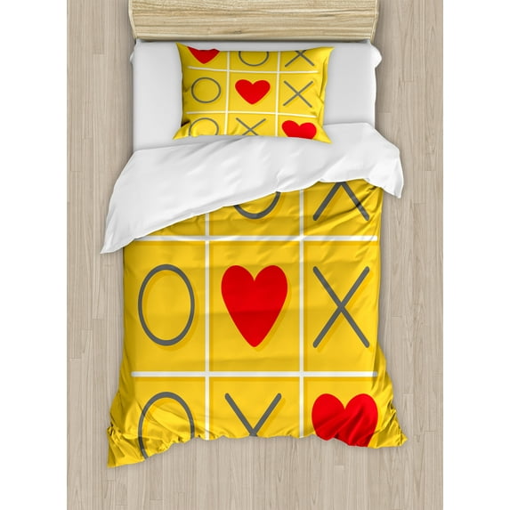Love Duvet Cover Set, Tic-Tac-Toe Game with Xoxo Flat Design Let Me Kiss You Funny Romantic Illustration, Decorative 2 Piece Bedding Set with 1 Pillow Shams, Twin Size, Yellow Red, by Ambesonne