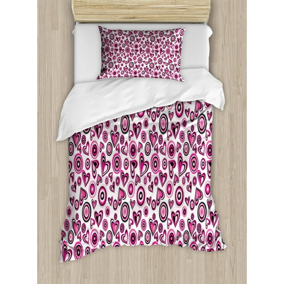 Love Duvet Cover Set Twin Size, Stylized Pink Hearts and Circles Doodle Style Cute Romantic Floral Artful Design, Decorative 2 Piece Bedding Set with 1 Pillow Sham, Pink Black White, by Ambesonne