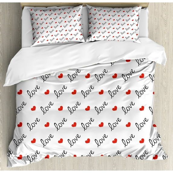 Love Duvet Cover Set, Love Valentines Day Calligraphy Illustration Ornament Illustration Art, Decorative 3 Piece Bedding Set with 2 Pillow Shams, King Size, Vermilion Black, by Ambesonne