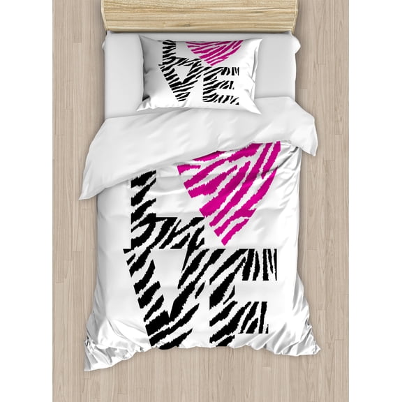 Love Duvet Cover Set, Vintage Zebra Motifs of Lettering and Hearts Pattern on Plain Backdrop, Decorative 2 Piece Bedding Set with 1 Pillow Shams, Twin Size, White Hot Pink and Black, by Ambesonne