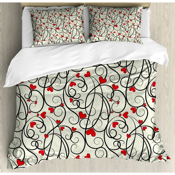 Love Duvet Cover Set, Wave Floral Heart Summer Swirl Illustration Flourishes Foliage Classical, Decorative 3 Piece Bedding Set with 2 Pillow Shams, King Size, Eggshell Vermilion Black, by Ambesonne