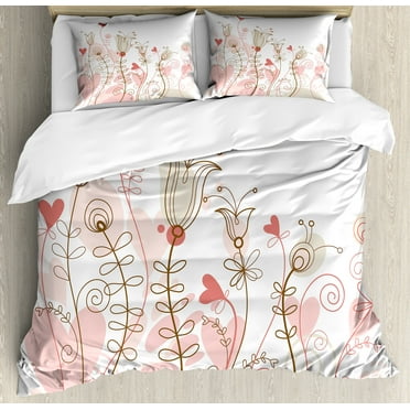 Love Duvet Cover Set, Wedding Themed Floral Illustration with Little Hearts Blooming Abstract Art, Decorative 3 Piece Bedding Set with 2 Pillow Shams, Calking Size, Pale Pink, by Ambesonne