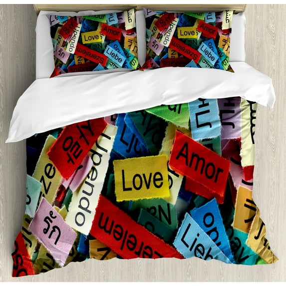 Love Duvet Cover Set, Love Word Cloud Design in Different Languages French Japanese All Common Art, Decorative 3 Piece Bedding Set with 2 Pillow Shams, Calking Size, Multi, by Ambesonne
