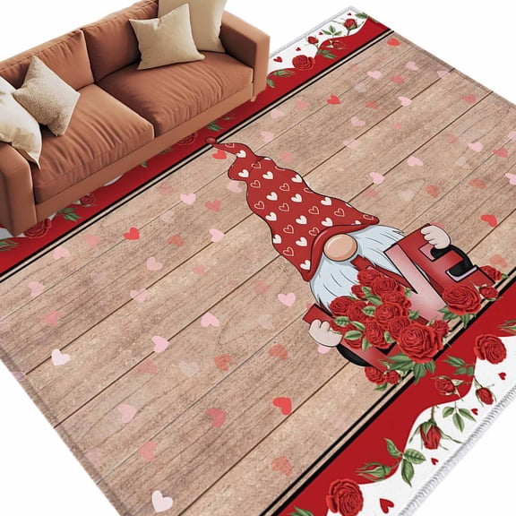 Love Dwarf Washable Area Rug 6 x 9 ft Rose Brown Wood Grain Valentine's Day, Soft Non Slip Rugs Stain Repellent Indoor Felt Carpet for Living Dining Room Bedroom Home Office