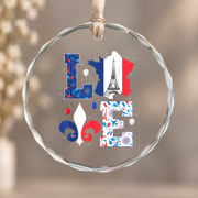 Love Eiffel Tower Fleur-de-lis France Flag Bastille Day 2022 Christmas Ornament, Holiday Decor Gift, Circle Glass Ornament