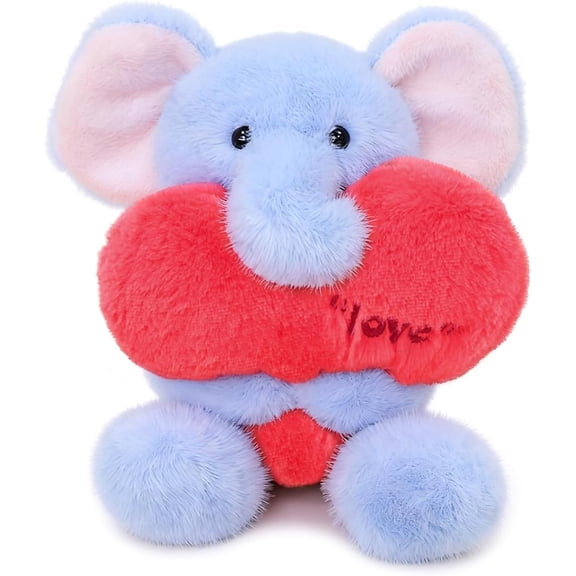 Love Elephant Plush with Holding Red Heart 9.8 inch Cute Stuffed Animal Soft Plushies Toys Romantic Sweet Valentines Day Gifts for Girlfriend Cuddling Home Decor Blue