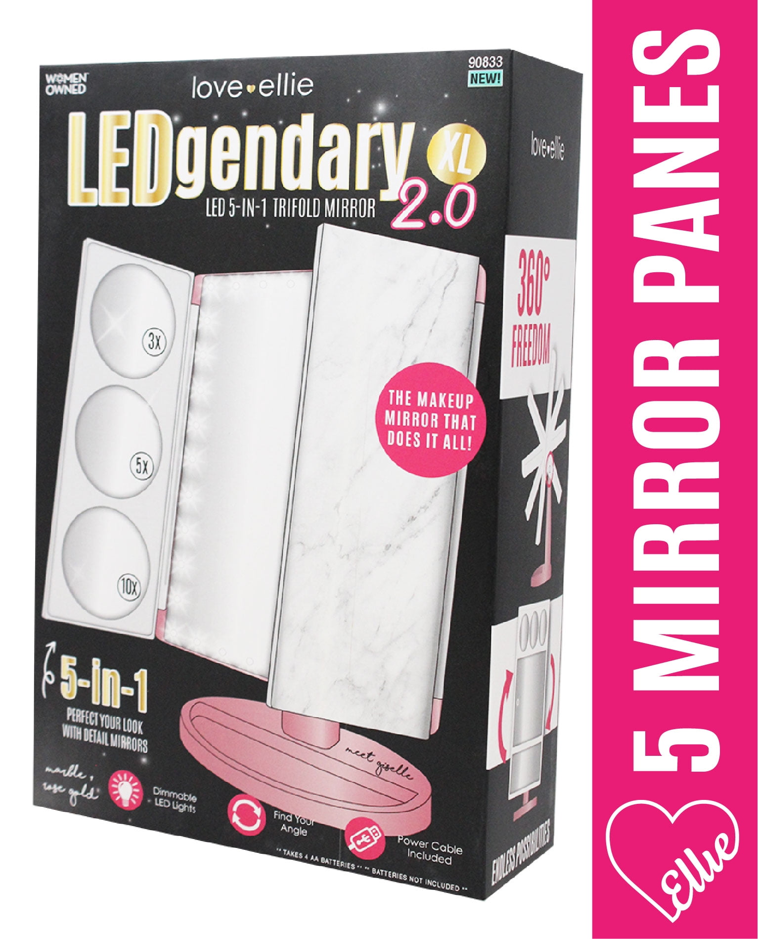 Love, Ellie Giselle LED Trifold Makeup Mirror, 5X Magnification, Marble Finish