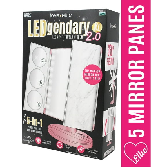 Love, Ellie Giselle LED Trifold Makeup Mirror, 5X Magnification, Marble Finish