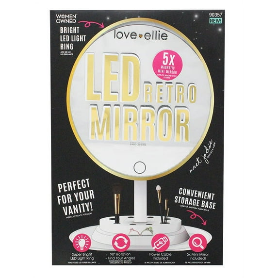 Love Ellie, Jodie Retro LED Vanity Makeup Mirror with Bonus 5x Magnifying Mini Mirror, 90 Rotation, Storage Base, White