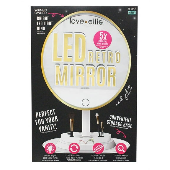 Love Ellie, Jodie Retro LED Vanity Makeup Mirror with Bonus 5x Magnifying Mini Mirror, 90 Rotation, Storage Base, White