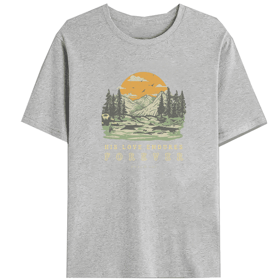His Love Endures Forever Psalm 107 Print Tshirts Bible Verse Jesus Graphic Tees Faith Based Design Shirts Vintage Christian Casual Short Sleeve Tops Gray,XL