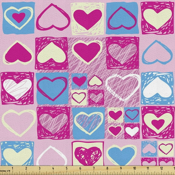 Love Fabric by the Yard, Doodle Sketchy Hearts in Squares Romance Girls Design, Decorative Upholstery Fabric for Sofas and Home Accents, Pink Blue Cream by Ambesonne