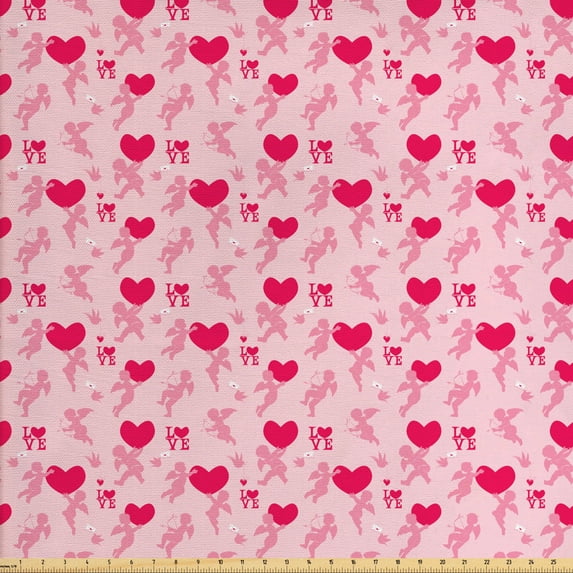 Ambesonne Love Fabric by the Yard Upholstery, Pinkish Silhouettes of Heart, 5 Yards, Pink Rose