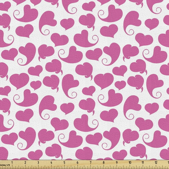 Ambesonne Love Fabric by the Yard Upholstery, Swirling Tailed Hearts Pattern, 1 Yard, Pink and White