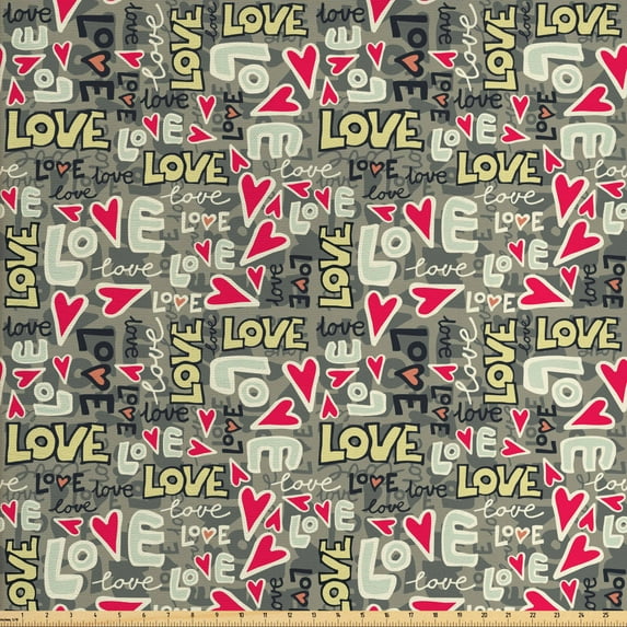 Love Fabric by the Yard, Retro Colors Graffiti Style Texts Design Hearts Grunge Display Street Art Inspired, Upholstery Fabric for Dining Chairs Home Decor Accents, Multicolor by Ambesonne