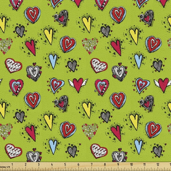 Ambesonne Love Fabric by the Yard Upholstery, Hand Drawn Hearts Sketch, 1 Yard, Avocado Green and Red