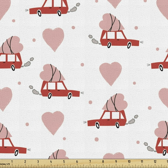 Love Fabric by the Yard Upholstery, Romantic Pattern with Car Carrying a Heart on Top Valentine's Day, Decorative Fabric for DIY and Home Accents, Vermilion Blush by Ambesonne