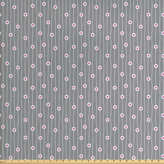 Ambesonne Love Fabric by the Yard Upholstery, Hearts on Curvilinear Stripes, 10 Yards, Grey Pale Fuchsia White