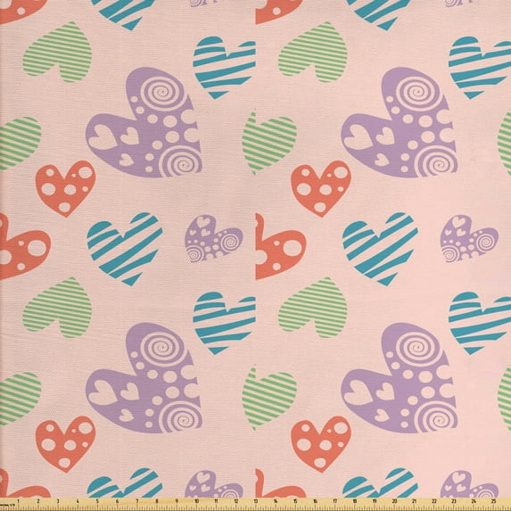 Ambesonne Love Fabric by the Yard Upholstery, Fun Hearts in Pastel Colors, 5 Yards, Blush Multicolor