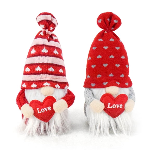 Love Faceless Dwarf Plush Dolls, Valentine's Day & Holiday Couples Decorations, 2Pcs Set With Knit Hats White Fur Beard Heart Love Sign Window Shelf Decor Ideal Couple Gift For