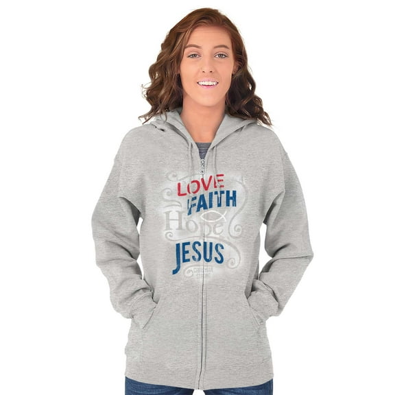 Love Faith Hope Christian Belief Womens Plus Size Graphic Zipper Hoodie Brisco Brands 5X