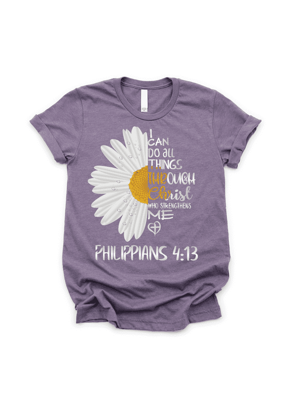 Love in Faith | I Can Do All Things Through Christ Short Sleeve | Christian T-Shirts for Women | Faith-Based Apparel | Christian Gifts | Heather Purple | XL