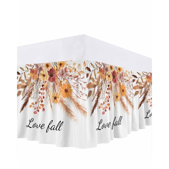 Love Fall Bed Skirt Thanksgiving Flower Pine Cone Reed Maple Leaf Bed Skirts California King Size 16 Inch Drop, Wrap Around Dust Ruffle&nbsp;Bedskirt with Adjustable Elastic Belt for Queen Size Beds