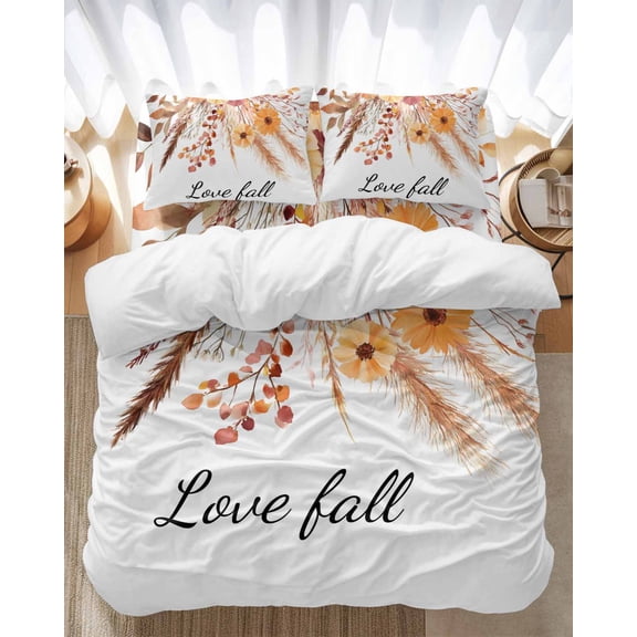 Love Fall Bedding Duvet Cover Set Queen Size 4 Pieces Thanksgiving Flower Pine Cone Reed Maple Leaf Bedding Set with Zipper Closure, 1 Comforter Cover 90x90 Inches 1 Flat Sheet & 2 Pillow Cases