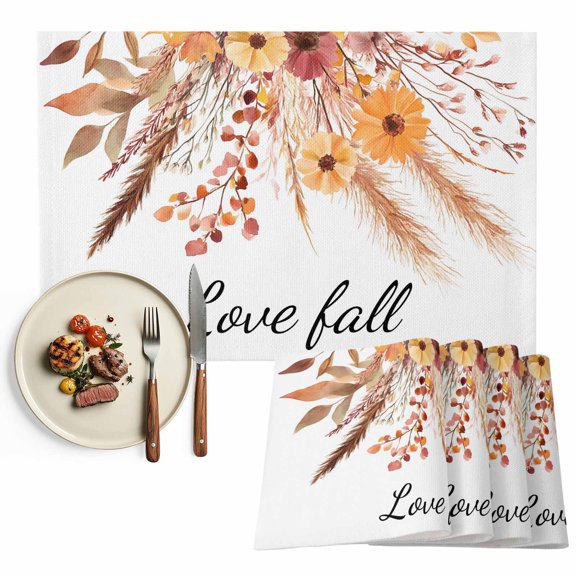 Love Fall Placemats Set of 2 Thanksgiving Flower Pine Cone Heat Insulated Linen Place Mats, Washable Stain-Proof Table Mats for Dining Tables Holiday Decor 13x19inch