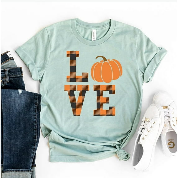 Love Fall T-shirt Thanksgiving Gift Pumpkin Shirts Grateful Top Buffalo Plaid Tshirt Halloween Shirt Women's Autumn Tee
