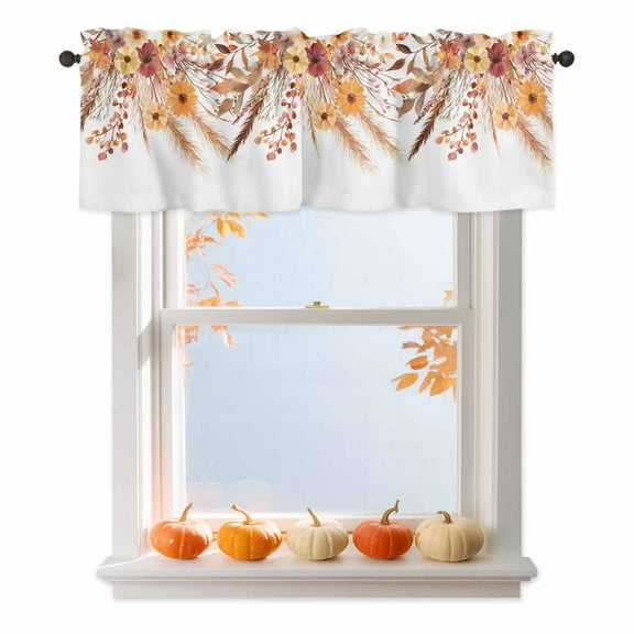 Love Fall Valances for Windows, 42 x 18in, Thanksgiving Flower Pine Cone Reed Maple Leaf Rod Pocket Kitchen Valance Curtain Light Filtering Window Treatments for Living Room Bedroom, 1 Panel