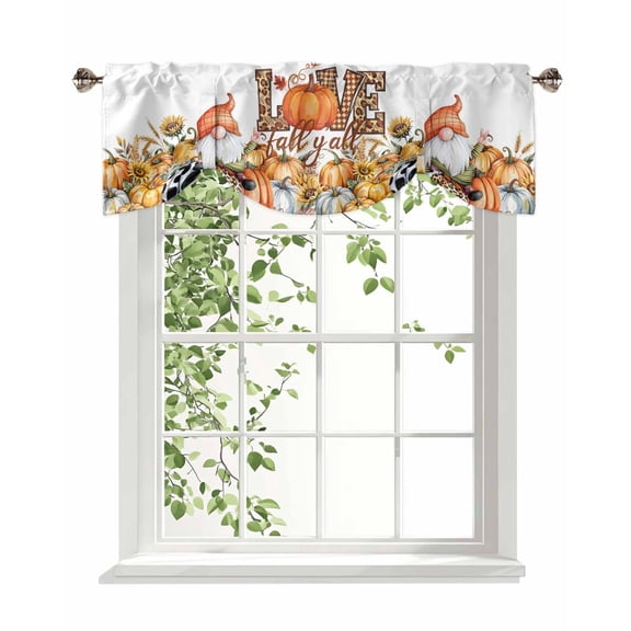 Love Fall Y'all Tie Up Valances Curtain, Adjustable Kitchen Pumpkin Gnome Valances for Windows Decor, Rod Pocket Short Curtains Set for Bedroom/Bathroom, 42"x18"