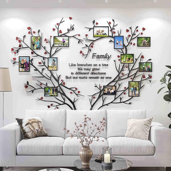 Love Family Tree Wall Decor Picture Frame Collage Removable 3D DIY Acrylic Wall Stickers for Living Room with Red Heart and Quote Family Like Branches on a Tree
