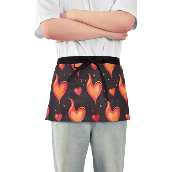 Love Fire Cartoon Short Server Apron with 3 Pockets for Unisex Chef Gardening