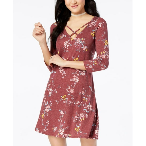 Love Fire Juniors Marled Crisscross Dress Zinfandel Floral XXS